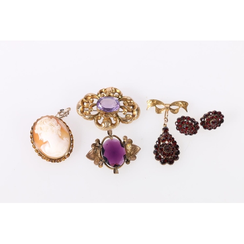 115 - Garnet set pendant and earring suite, with 9ct gold brooch suspender, a 9ct gold amethyst set brooch... 