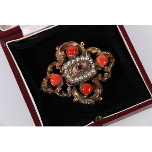 116 - Victorian gold brooch set with coral, pearls and central ruby, 'K1252' scratch to back, 15.1g, in le... 