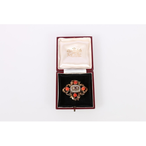 116 - Victorian gold brooch set with coral, pearls and central ruby, 'K1252' scratch to back, 15.1g, in le... 