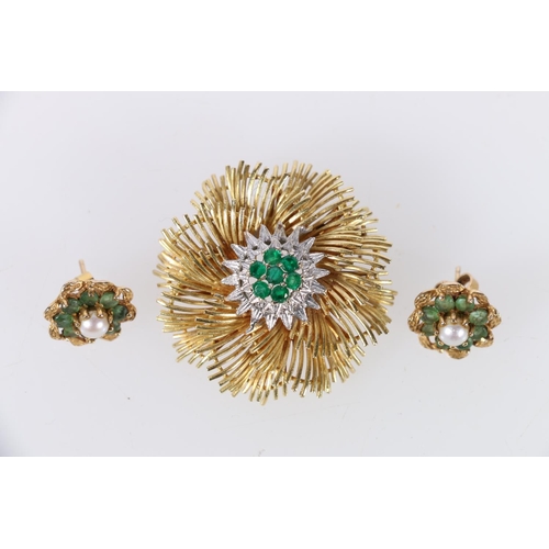 117 - 18ct yellow gold emerald set flowerhead brooch, 13.2g, and a pair of emerald and pearl set earrings,... 