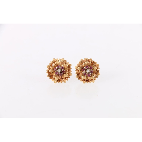 125 - Pair of 18ct gold ruby and diamond flowerhead dress earrings, 4.4g.