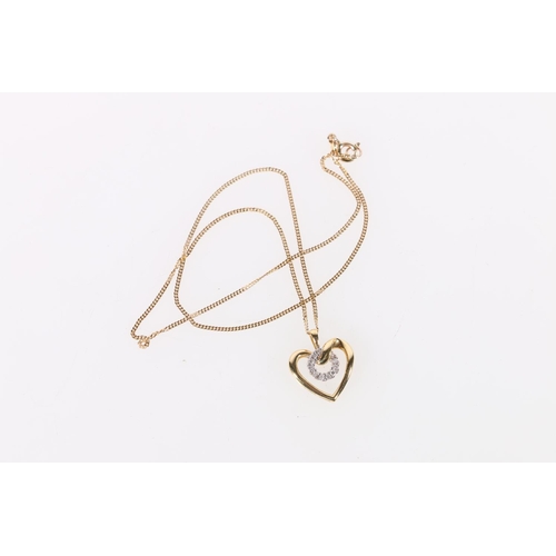 126 - 18ct gold diamond set heart shaped pendant on 18ct gold chain, 7.4g gross, chain 44cm long.