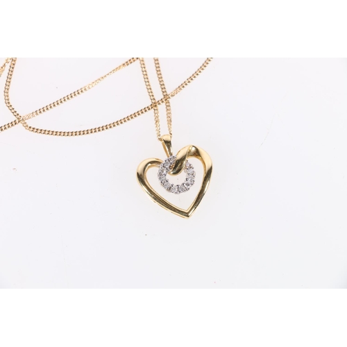 126 - 18ct gold diamond set heart shaped pendant on 18ct gold chain, 7.4g gross, chain 44cm long.