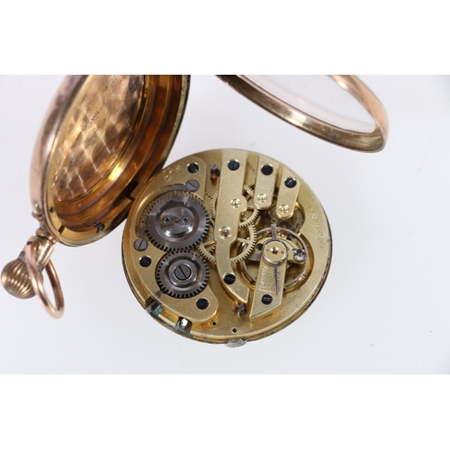 129 - 9ct gold gent's pocket watch, with enamelled face and second subsidiary dial, (second hand missing),... 