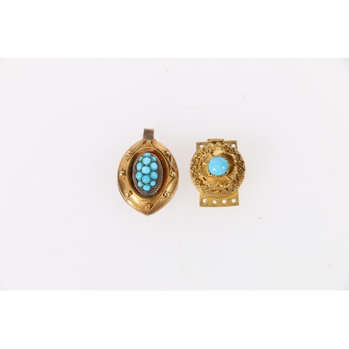 131 - Victorian yellow metal pave turquoise set pendant, and another yellow metal turquoise stone set clas... 