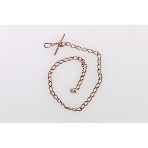 134 - 9ct rose gold curb link watch guard Albert chain, makers mark 'B&S', 28.6g gross. 