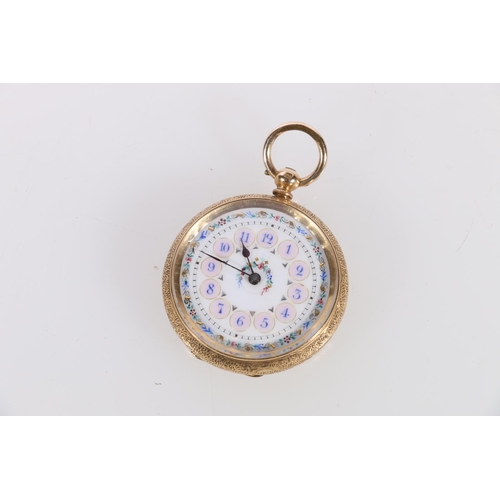 137 - Continental 18ct gold cased fob watch, the enamelled dial with Arabic numerals, case diameter 3.8cm,... 