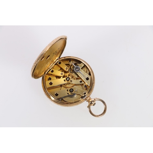 137 - Continental 18ct gold cased fob watch, the enamelled dial with Arabic numerals, case diameter 3.8cm,... 