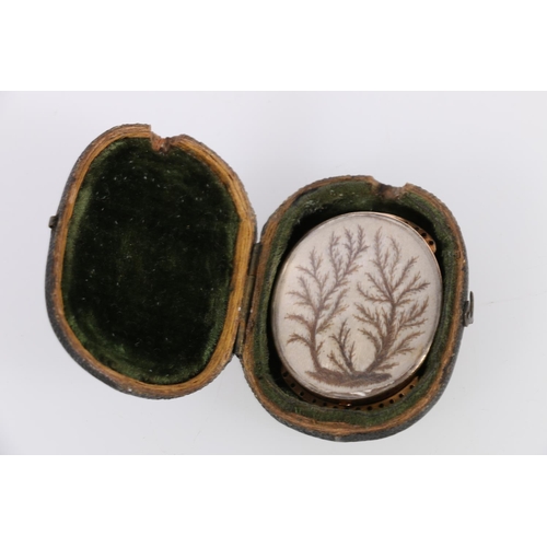 138 - Georgian unhallmarked yellow metal mounted oval brooch containing needlework depicting young sapling... 