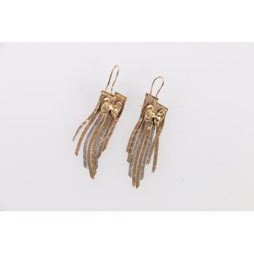 150 - Pair of 18ct tricolour gold earrings with dependant flat woven strands, stamped '750', 9.3g. 