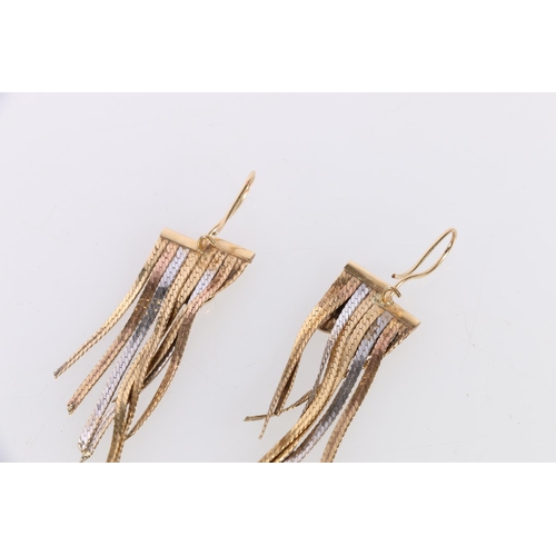 150 - Pair of 18ct tricolour gold earrings with dependant flat woven strands, stamped '750', 9.3g. 