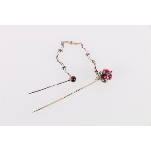 153 - Pink stone set gold stick pin with matching pin attached by chain, 4g in James Walker Ltd jewellery ... 