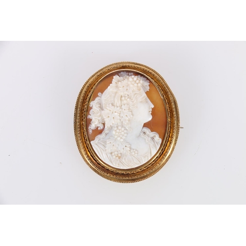 155 - Gold framed cameo brooch with left facing portrait female, possibly in 15ct gold, 17.6 grams gross.