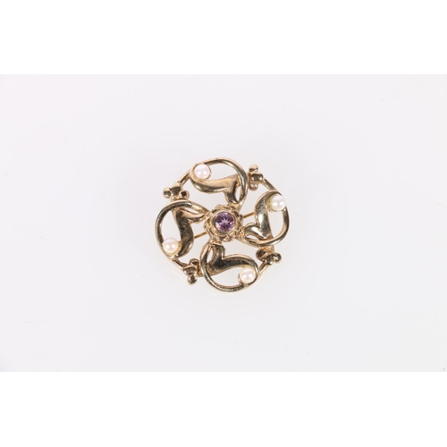 156 - 9ct gold amethyst and seed pearl set brooch, maker NG possibly Norman Grant, 6.5 grams.