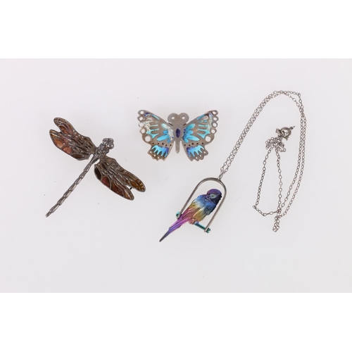 157 - Silver enamelled butterfly brooch, maker Norman Grant and a silver parrot pendant on chain, maker No... 