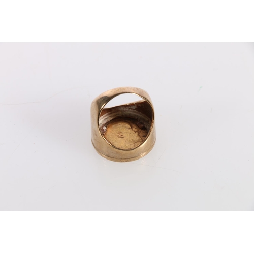 160 - Sovereign ring set in 9ct gold band, the sovereign dated 1908, size R , 17.7g gross.