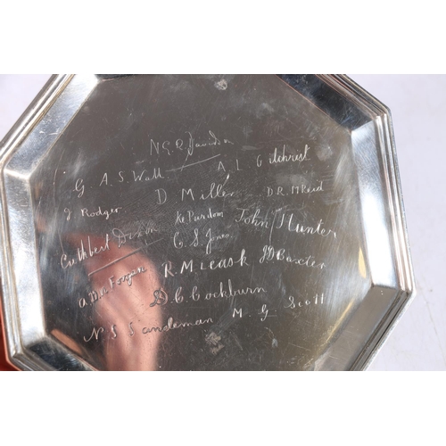 20 - George V sterling silver octagonal card tray, with several signatures, Thomas Bradbury & Sons Lt... 