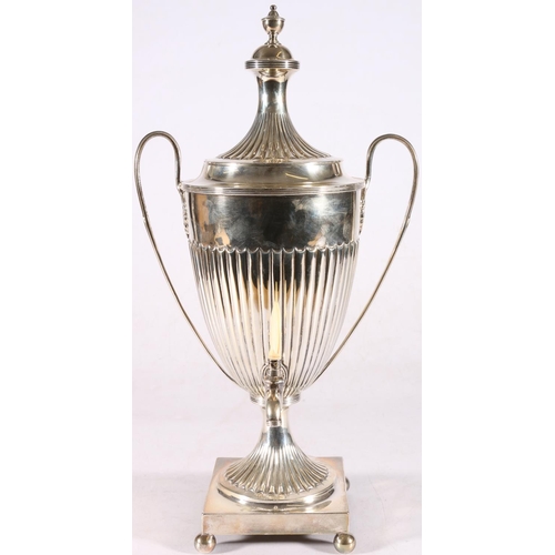 28 - Victorian sterling silver twin handled tea urn and cover, the detachable cover with urn finial, the ... 