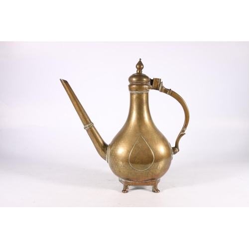 351 - A 19th century Iranian brass coffee pot of pear shape raised on four suppports with tapering hexagon... 