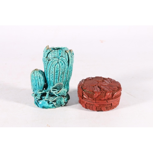 352 - A 19th century blue glazed brush washer in the form of a finger citron, 11cm, and a small cinnabar l... 