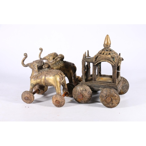 357 - Two early 20th century cast brass Indian wheeled toys, a pair of Indian elephants joined by a yoke w... 