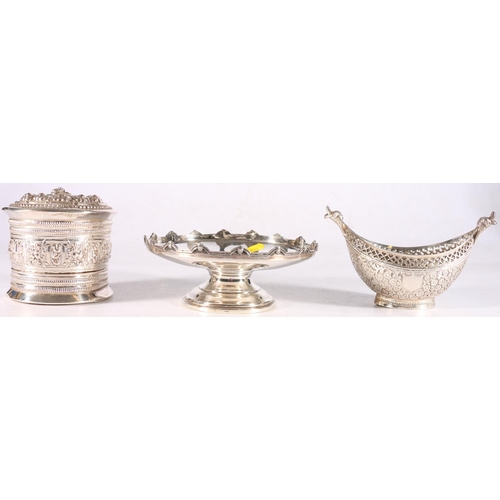 38 - George V sterling silver pedestal bowl, maker T.S, Birmingham, 164g, an Eastern silver floral decora... 