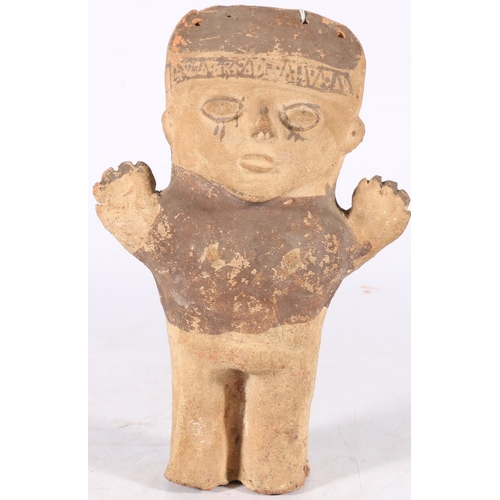 388 - Peruvian Huaco style figure with arms outstretched, painted decoration to the face and body, 22cm