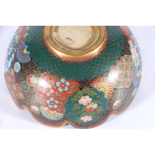 392 - A Japanese cloisonne bowl with petal edge and gilt metal wires, decorated with various shaped panels... 