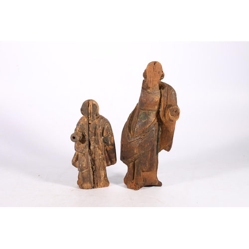 394 - Two antique carved wood classical figures, probably of Saints, evidence of old gilding, 27cm and 20c... 