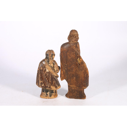 394 - Two antique carved wood classical figures, probably of Saints, evidence of old gilding, 27cm and 20c... 