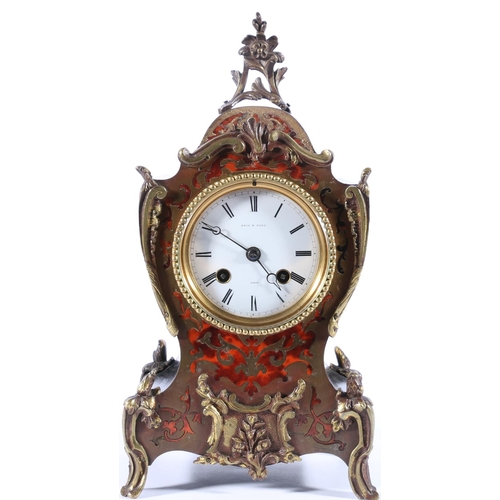 404 - 19th century French boulle work mantel clock, the twin train enamel dial marked for retailer Reid &a... 