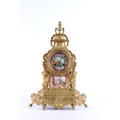 407 - Antique French ormolu mantle clock in the Rococo style with painted porcelain dial marked for retail... 