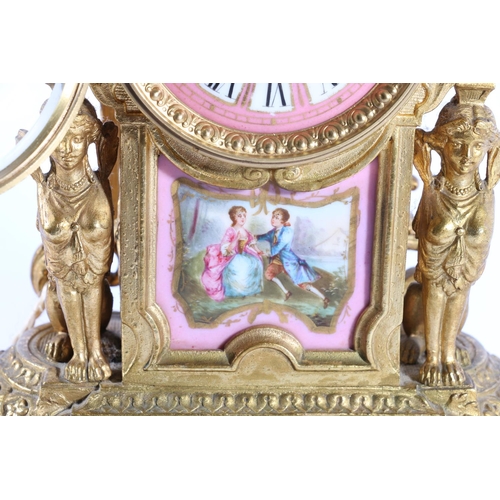 407 - Antique French ormolu mantle clock in the Rococo style with painted porcelain dial marked for retail... 