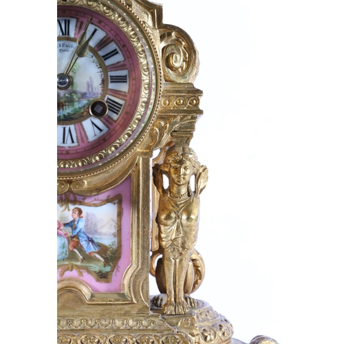 407 - Antique French ormolu mantle clock in the Rococo style with painted porcelain dial marked for retail... 