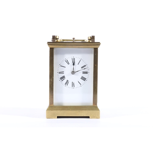 408 - Antique French repeater carriage clock, the white enamel dial with Roman numerals, the back plate st... 