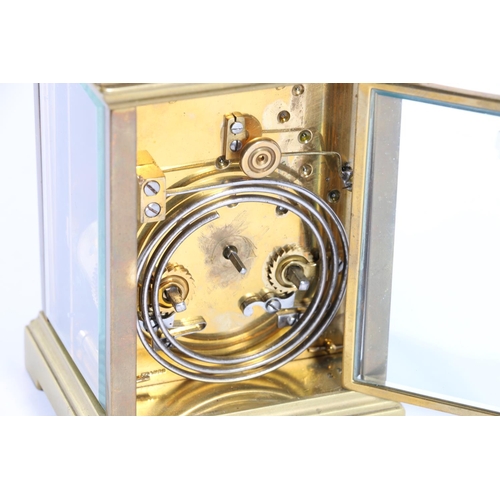 408 - Antique French repeater carriage clock, the white enamel dial with Roman numerals, the back plate st... 