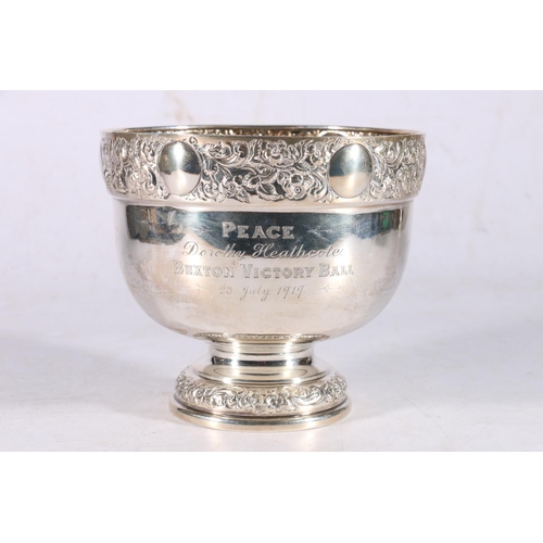 5 - Sterling silver pedestal bowl, with embossed foliate decoration, engraved 'Peace, Dorothy Heathcote,... 