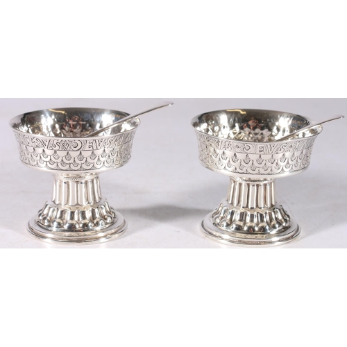 58 - Pair of George V sterling silver salts on fluted bases with non matching silver and EPNS spoons, S.B... 