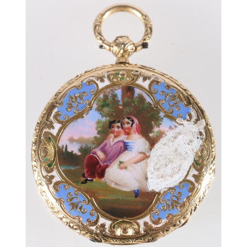 67 - Continental open faced fob watch with enamelled back plate depicting a vignette of a couple seated, ... 