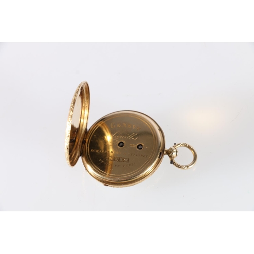 67 - Continental open faced fob watch with enamelled back plate depicting a vignette of a couple seated, ... 