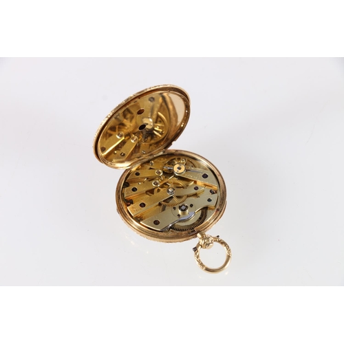 67 - Continental open faced fob watch with enamelled back plate depicting a vignette of a couple seated, ... 