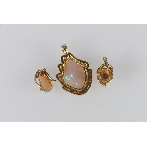 76 - 18ct gold mounted opal and diamond pendant 9.7g, another 3.0g and an unhallmarked yellow metal mount... 