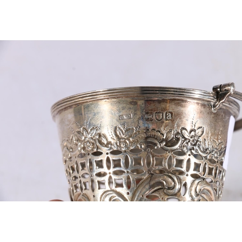 8 - Victorian sterling silver swing-handled bucket, the pierced body with heavy foliate decoration, Josi... 
