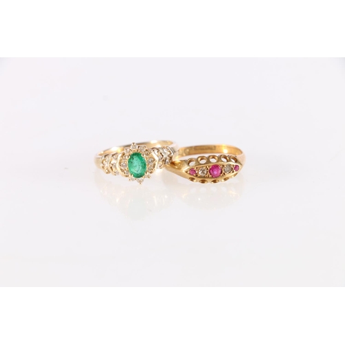 85 - 18ct gold ruby and diamond five stone dress ring, size P/Q, 1.7g and a 14kt gold diamond and green s... 