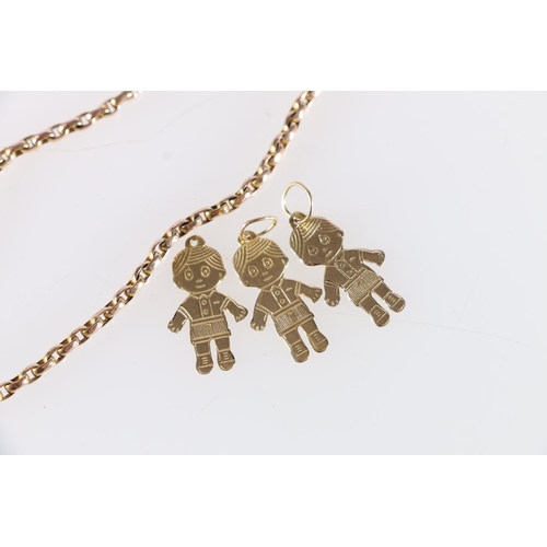 90 - 9ct gold neck chain 5.7g and three 18ct gold pendants in the form of dolls 2.0g.