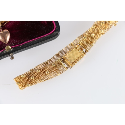 90D - Unhallmarked yellow metal weave effect strap bracelet 8.8g and a 9ct gold bar brooch set with seed p... 