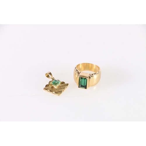 90E - 18ct gold modernist pendant set with square cut blue/green stone, the hoop inscribed '18K', 2.3g, al... 