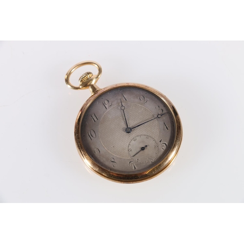 90U - 18ct gold cased pocket watch, the machined silvered dial having arabic numerals and subsidiary dial.... 