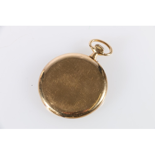 90U - 18ct gold cased pocket watch, the machined silvered dial having arabic numerals and subsidiary dial.... 