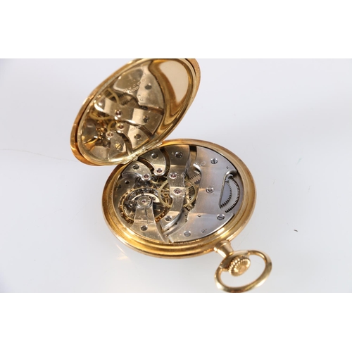 90U - 18ct gold cased pocket watch, the machined silvered dial having arabic numerals and subsidiary dial.... 